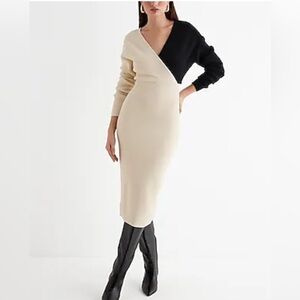 Express Color Block Ribbed V-Neck Surplice Midi Sweater Dress
